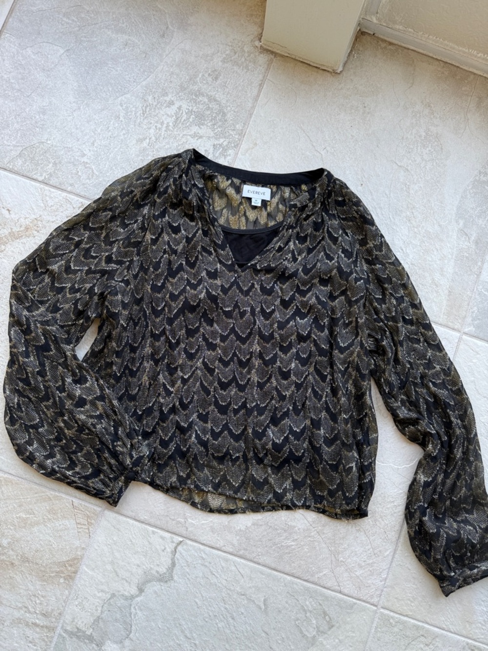 Evereve Black Sheer Blouse with Metallic Gold Chevron Pattern